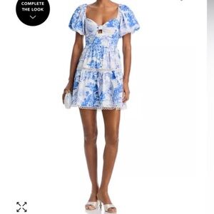 Aqua Blue and White Puff Sleeve Mini Dress